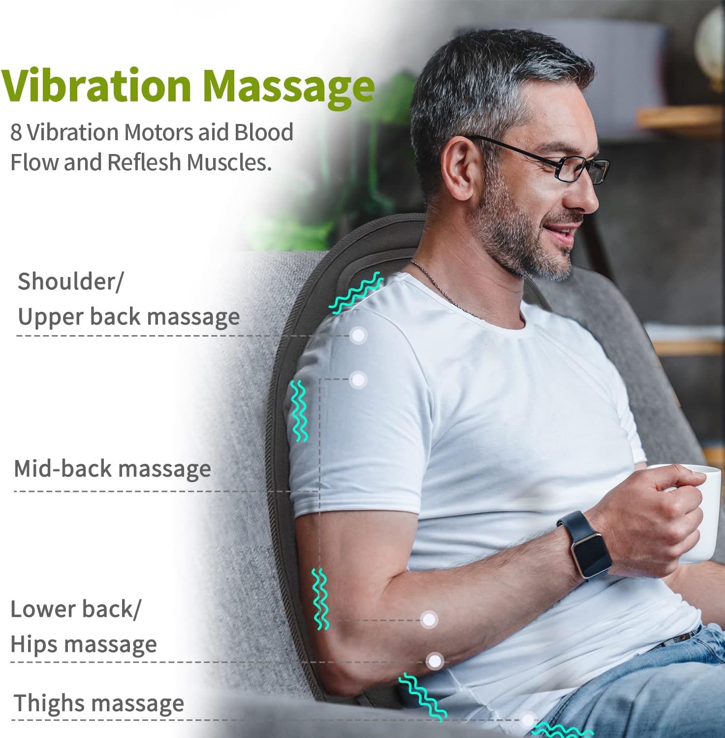Uppvärmd bilsäteskudde med massage - avslappningsdyna för rygg och lår