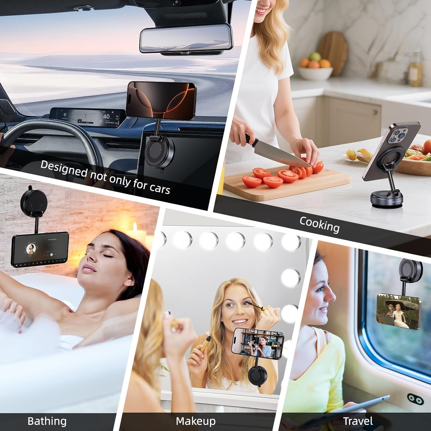 Magnetisk telefonhållare med sugkopp - Justerbar och hopfällbar hållare för bil, gym, skrivbord och spegel