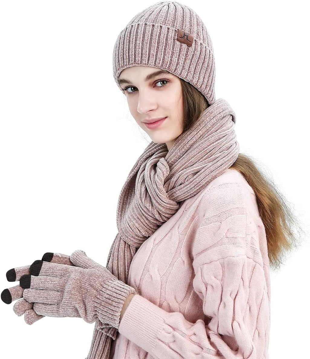 Stickat 3-i-1 vinterset för män och kvinnor - Varm mössa, halsduk och pekskärmshandskar