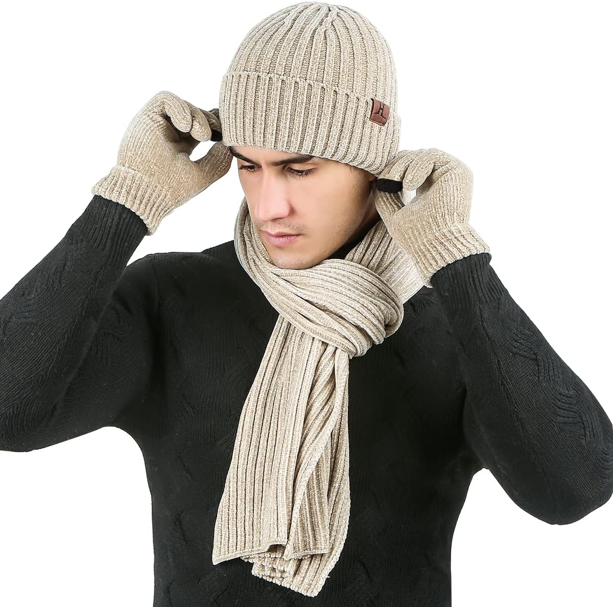 Stickat 3-i-1 vinterset för män och kvinnor - Varm mössa, halsduk och pekskärmshandskar