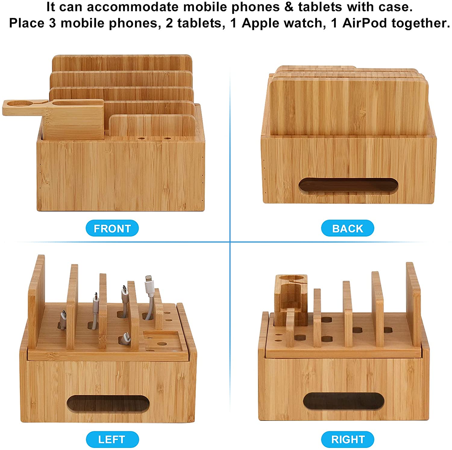 Bamboo 5-portars laddningsstation – USB-organiseringsdocka för smartphones, surfplattor och smartklockor med kabelset