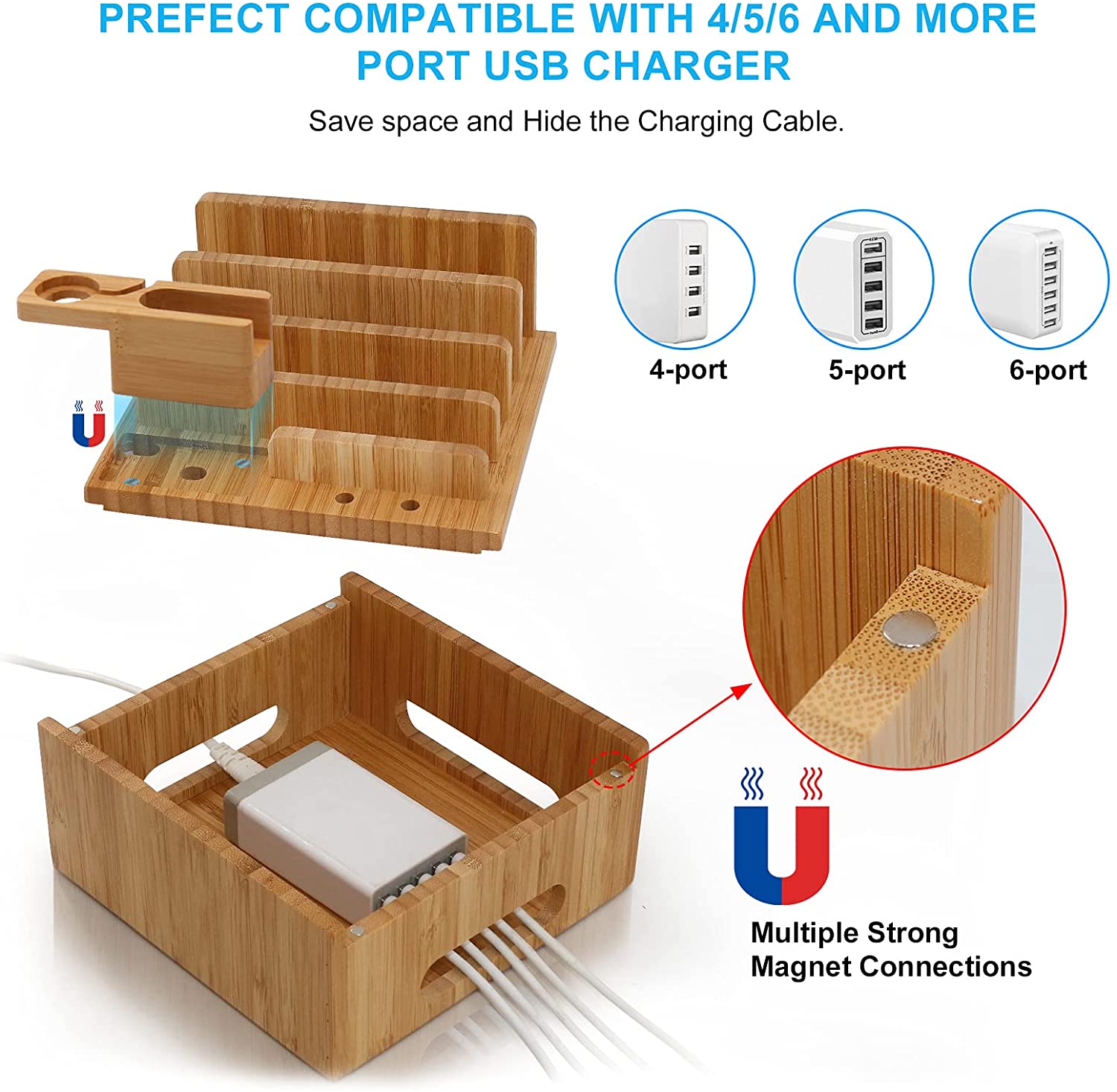 Bamboo 5-portars laddningsstation – USB-organiseringsdocka för smartphones, surfplattor och smartklockor med kabelset