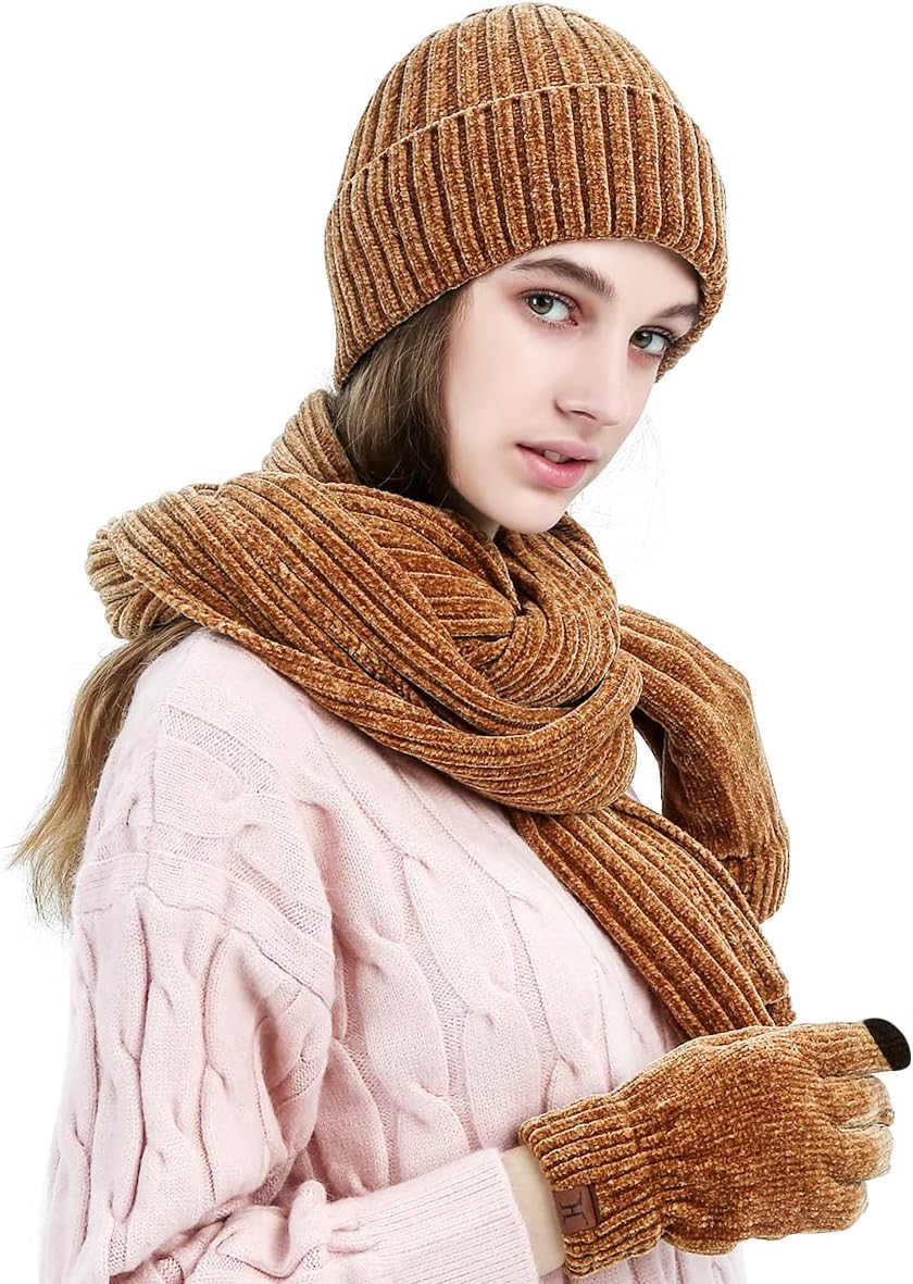 Stickat 3-i-1 vinterset för män och kvinnor - Varm mössa, halsduk och pekskärmshandskar