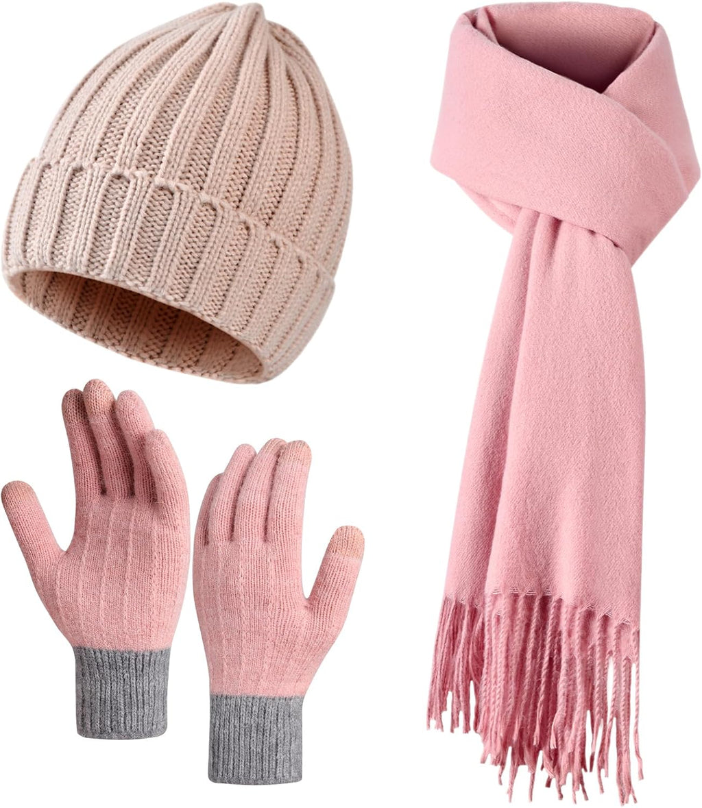 3-delat vinterset för kvinnor och män - Stickad mössa, lång halsduk och vantar