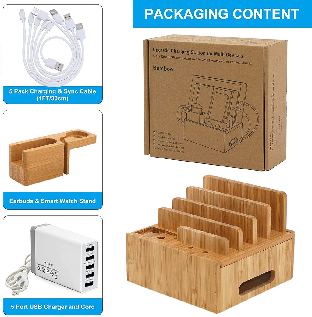 Bamboo 5-portars laddningsstation – USB-organiseringsdocka för smartphones, surfplattor och smartklockor med kabelset