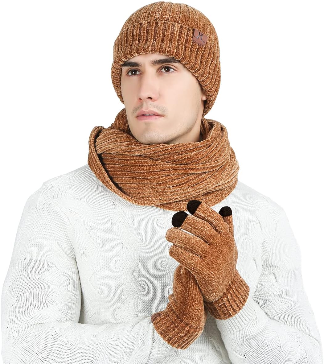 Stickat 3-i-1 vinterset för män och kvinnor - Varm mössa, halsduk och pekskärmshandskar