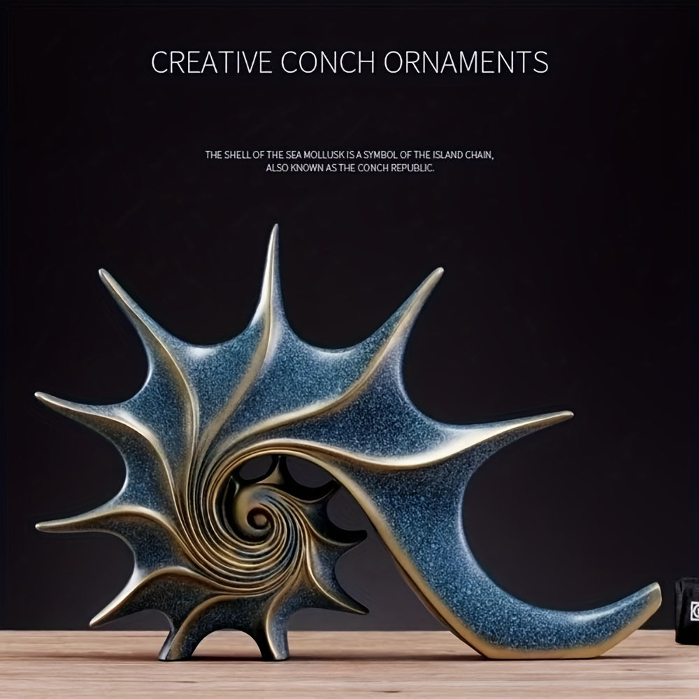 Elegant blå & guld snäckskulptur - Lyxig harts kustfantasi heminredningsdekor