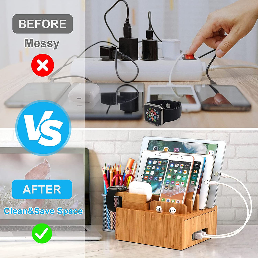 Bamboo 5-portars laddningsstation – USB-organiseringsdocka för smartphones, surfplattor och smartklockor med kabelset