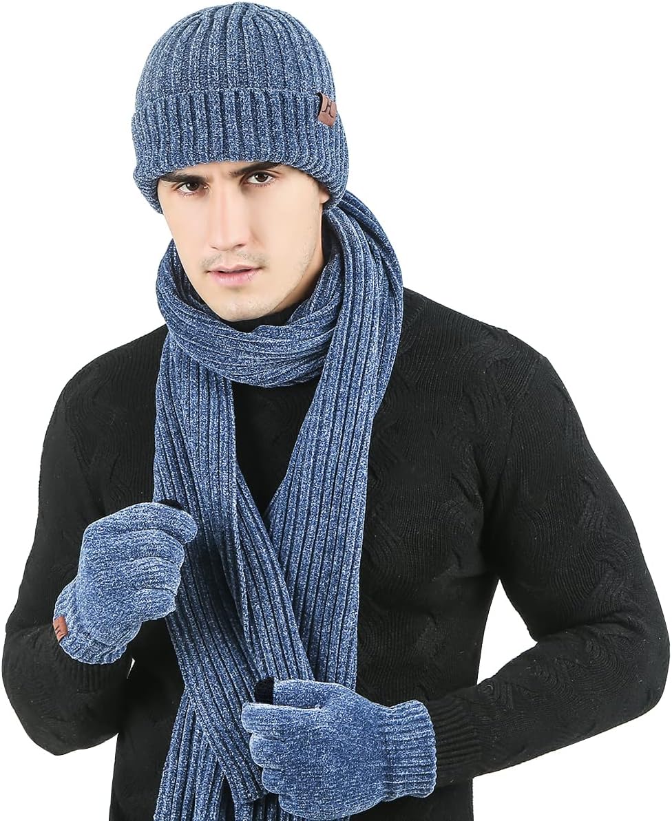 Stickat 3-i-1 vinterset för män och kvinnor - Varm mössa, halsduk och pekskärmshandskar
