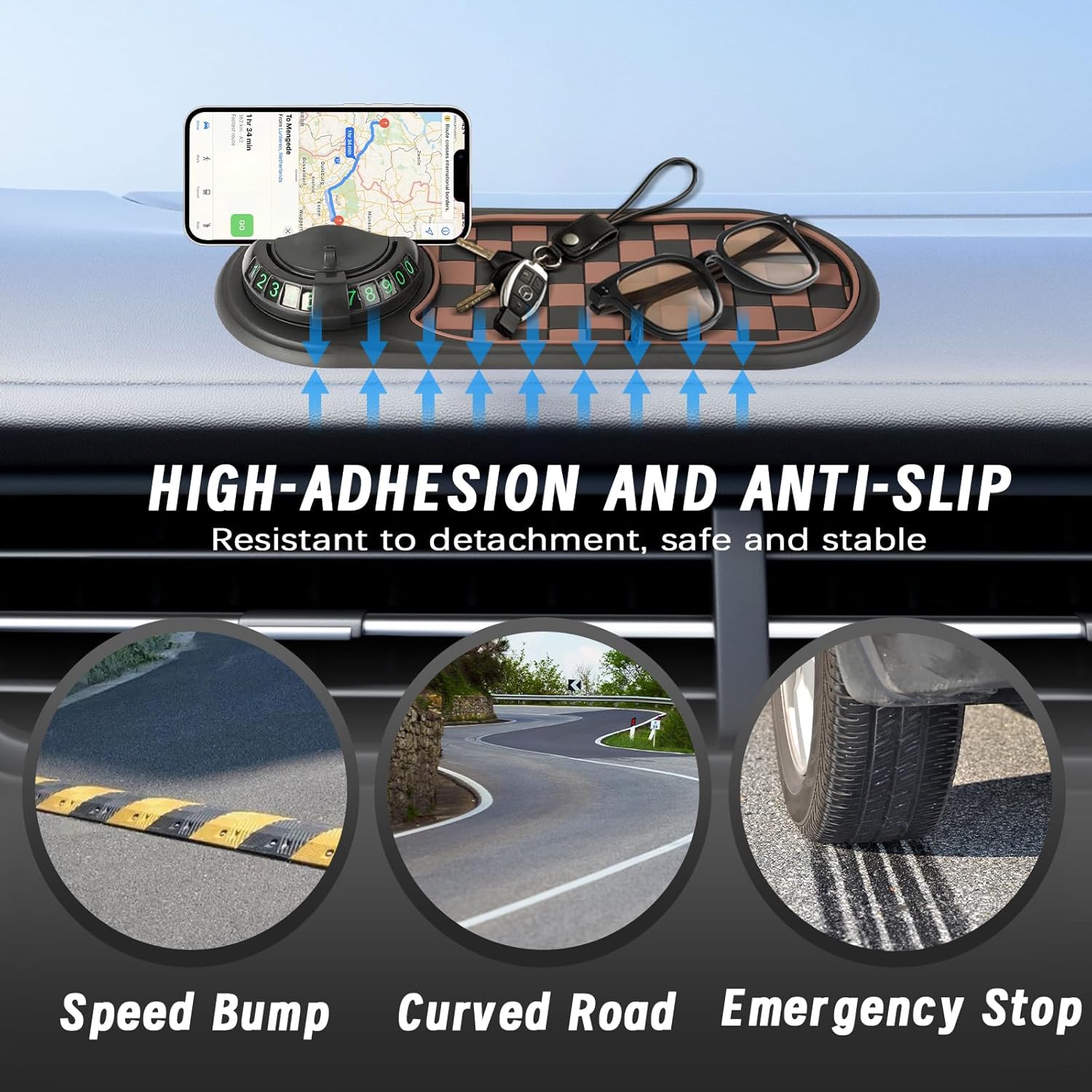 Bilens instrumentbräda-organiseringsmatta – halkfri dyna med telefonfäste och förvaringsfack