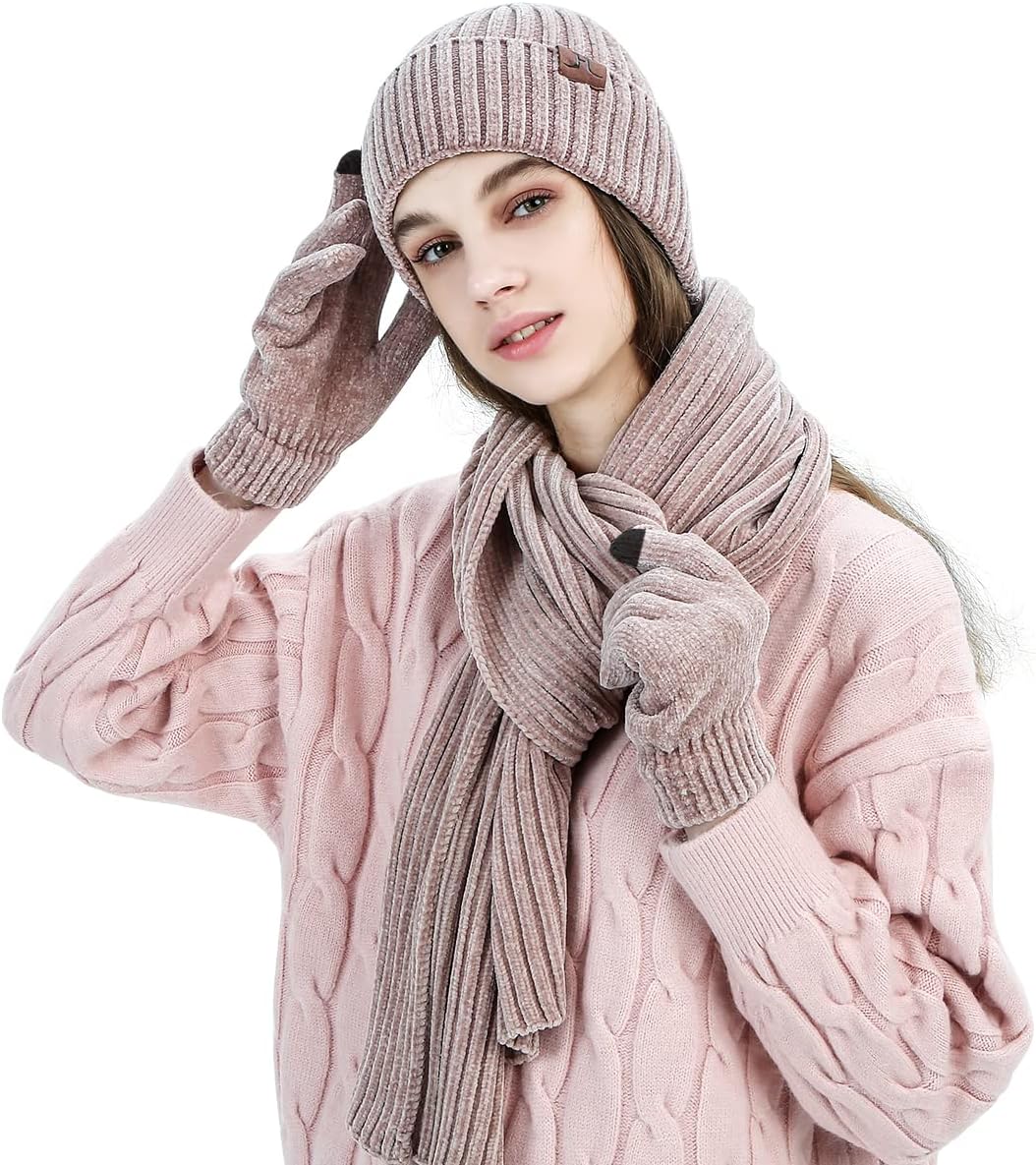 Stickat 3-i-1 vinterset för män och kvinnor - Varm mössa, halsduk och pekskärmshandskar
