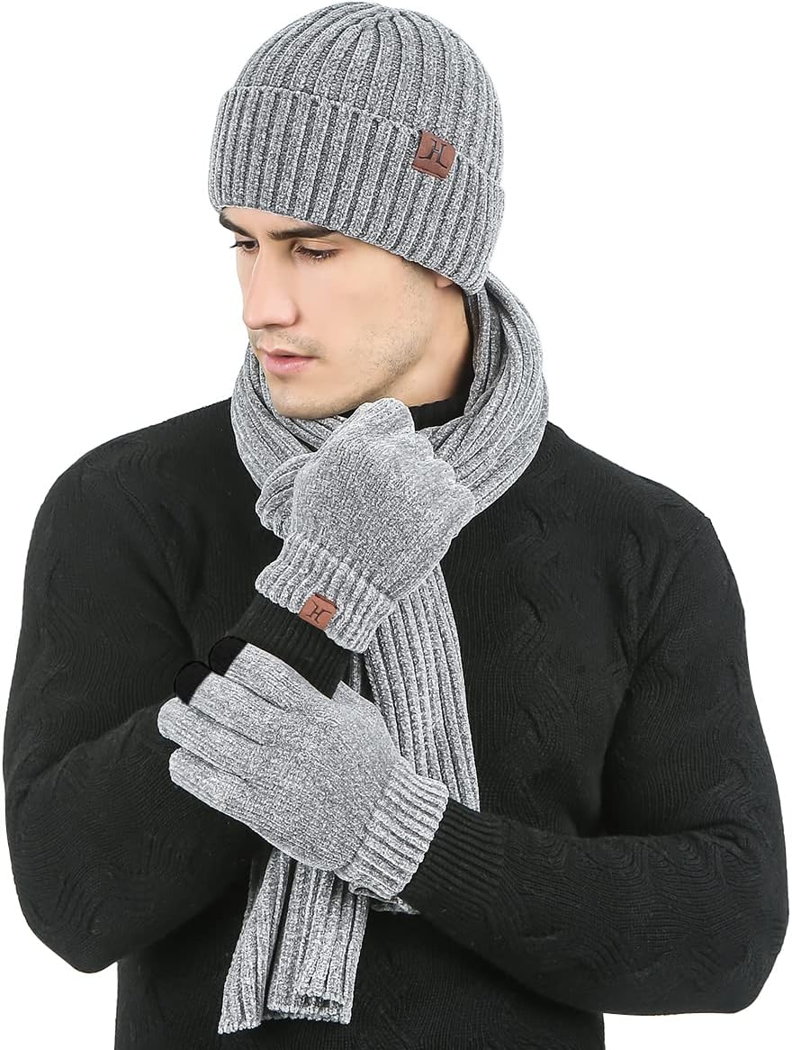 Stickat 3-i-1 vinterset för män och kvinnor - Varm mössa, halsduk och pekskärmshandskar