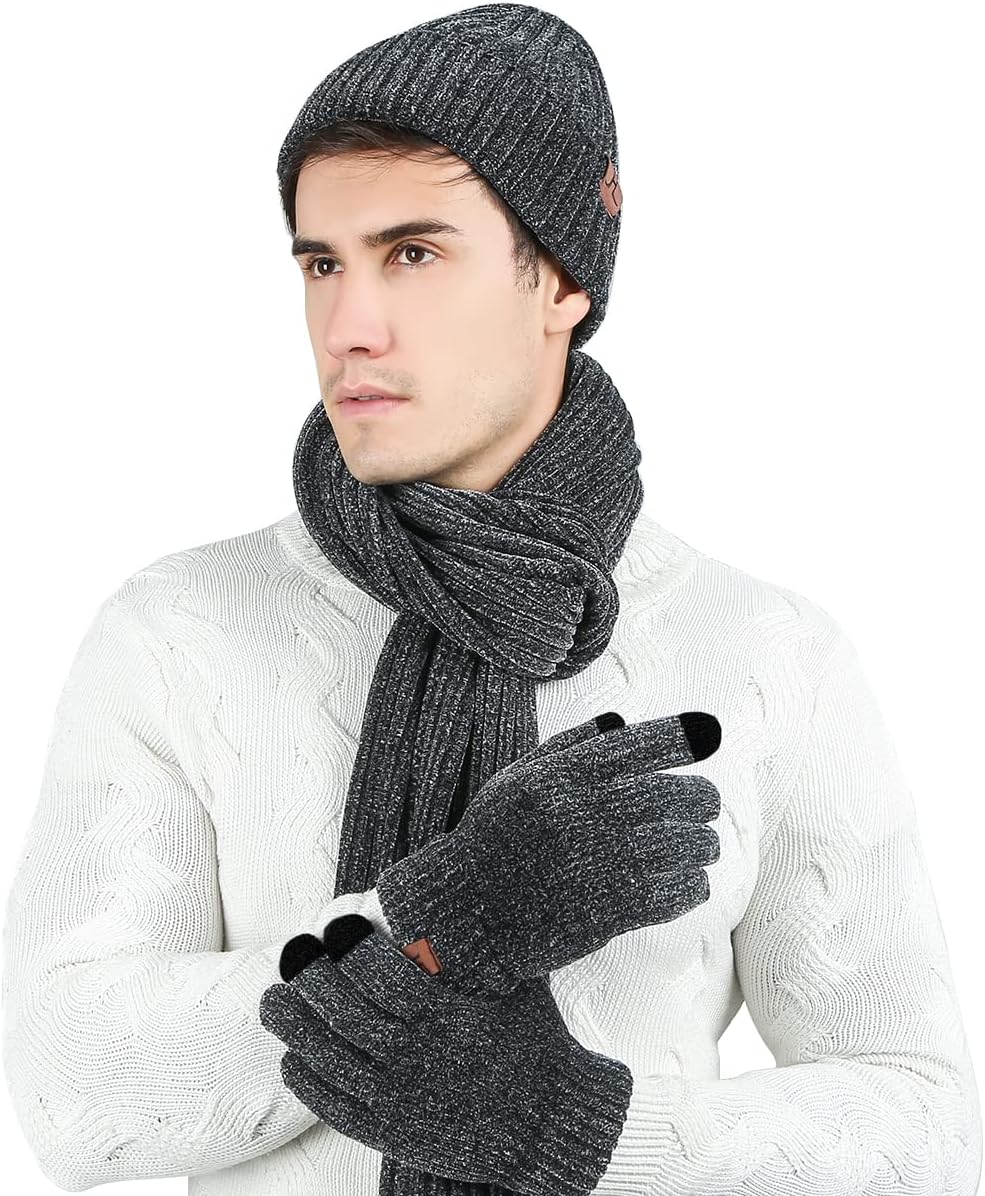 Stickat 3-i-1 vinterset för män och kvinnor - Varm mössa, halsduk och pekskärmshandskar