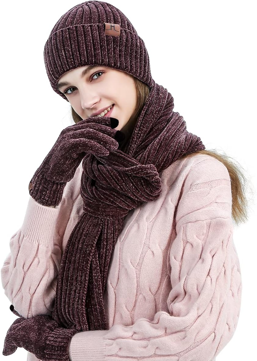 Stickat 3-i-1 vinterset för män och kvinnor - Varm mössa, halsduk och pekskärmshandskar