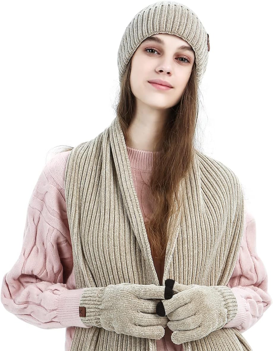 Stickat 3-i-1 vinterset för män och kvinnor - Varm mössa, halsduk och pekskärmshandskar