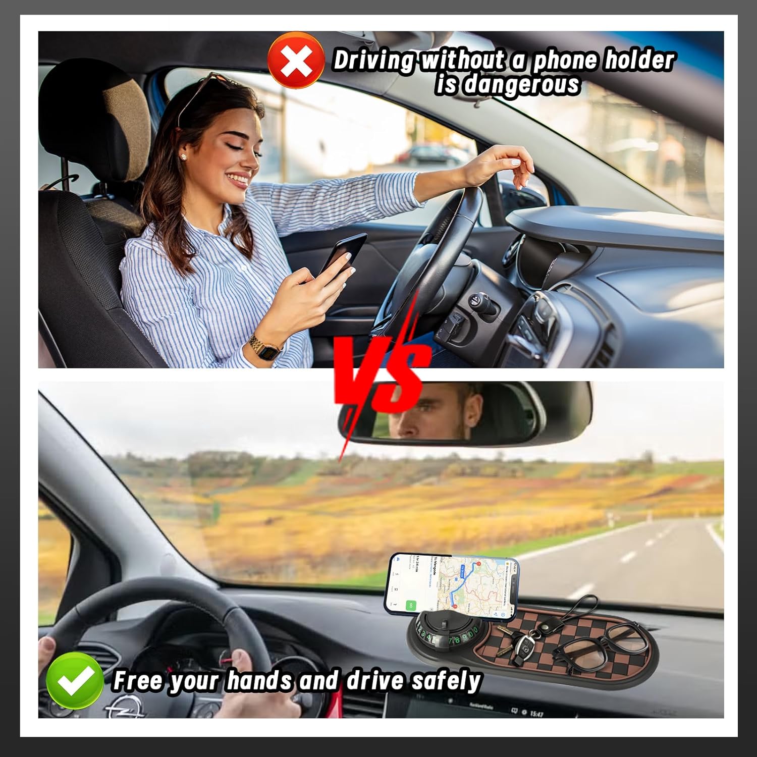 Bilens instrumentbräda-organiseringsmatta – halkfri dyna med telefonfäste och förvaringsfack