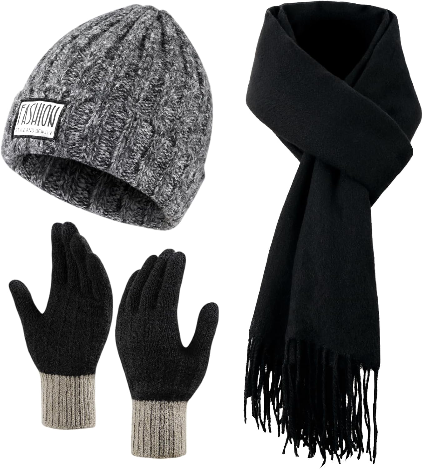 3-delat vinterset för kvinnor och män - Stickad mössa, lång halsduk och vantar