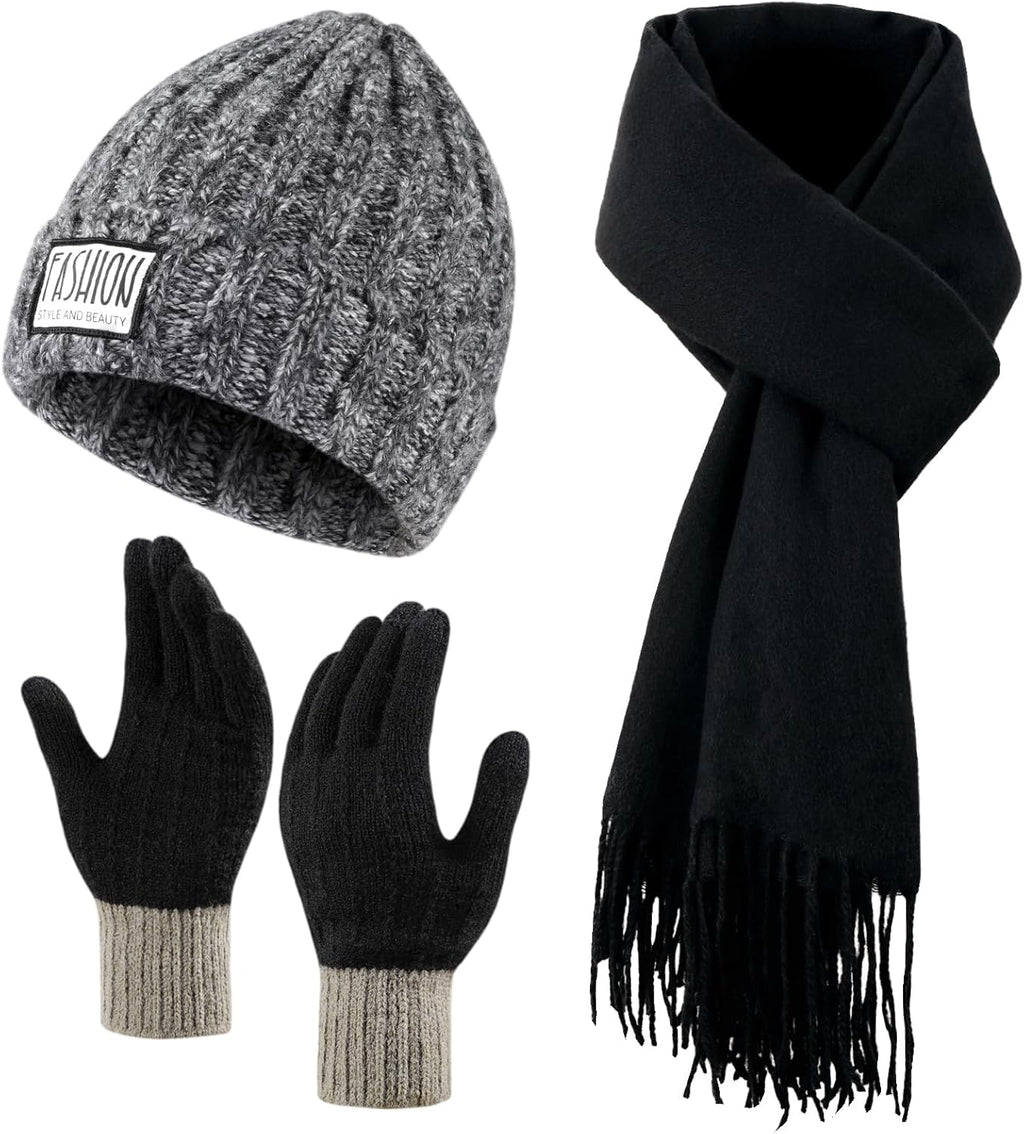 3-delat vinterset för kvinnor och män - Stickad mössa, lång halsduk och vantar