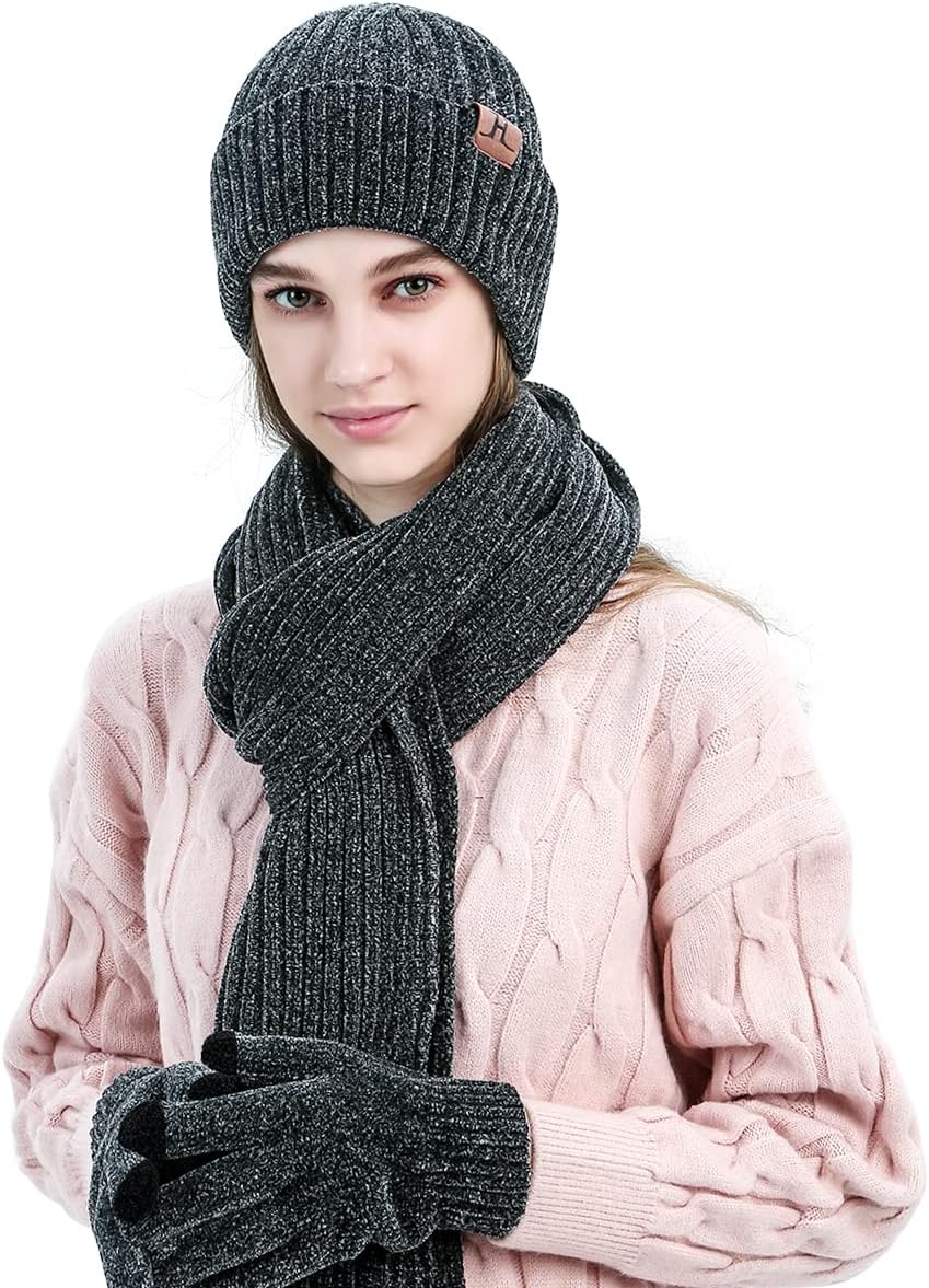 Stickat 3-i-1 vinterset för män och kvinnor - Varm mössa, halsduk och pekskärmshandskar