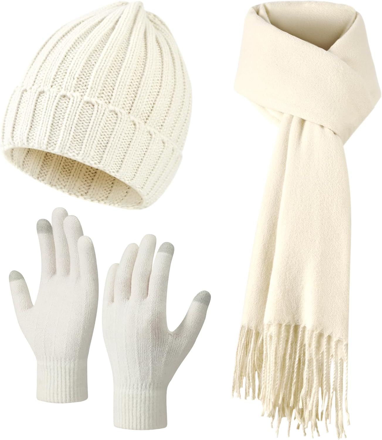 3-delat vinterset för kvinnor och män - Stickad mössa, lång halsduk och vantar