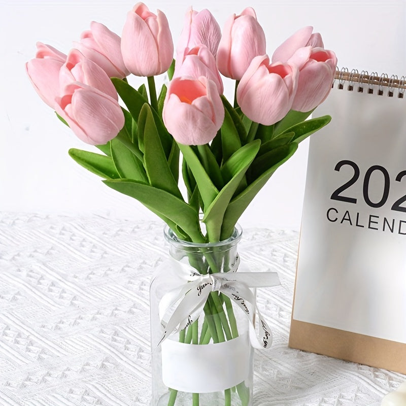 10-delad vit fusktulpanbukett – naturtroget sidenblomsterarrangemang för elegant hem- och evenemangsdekor