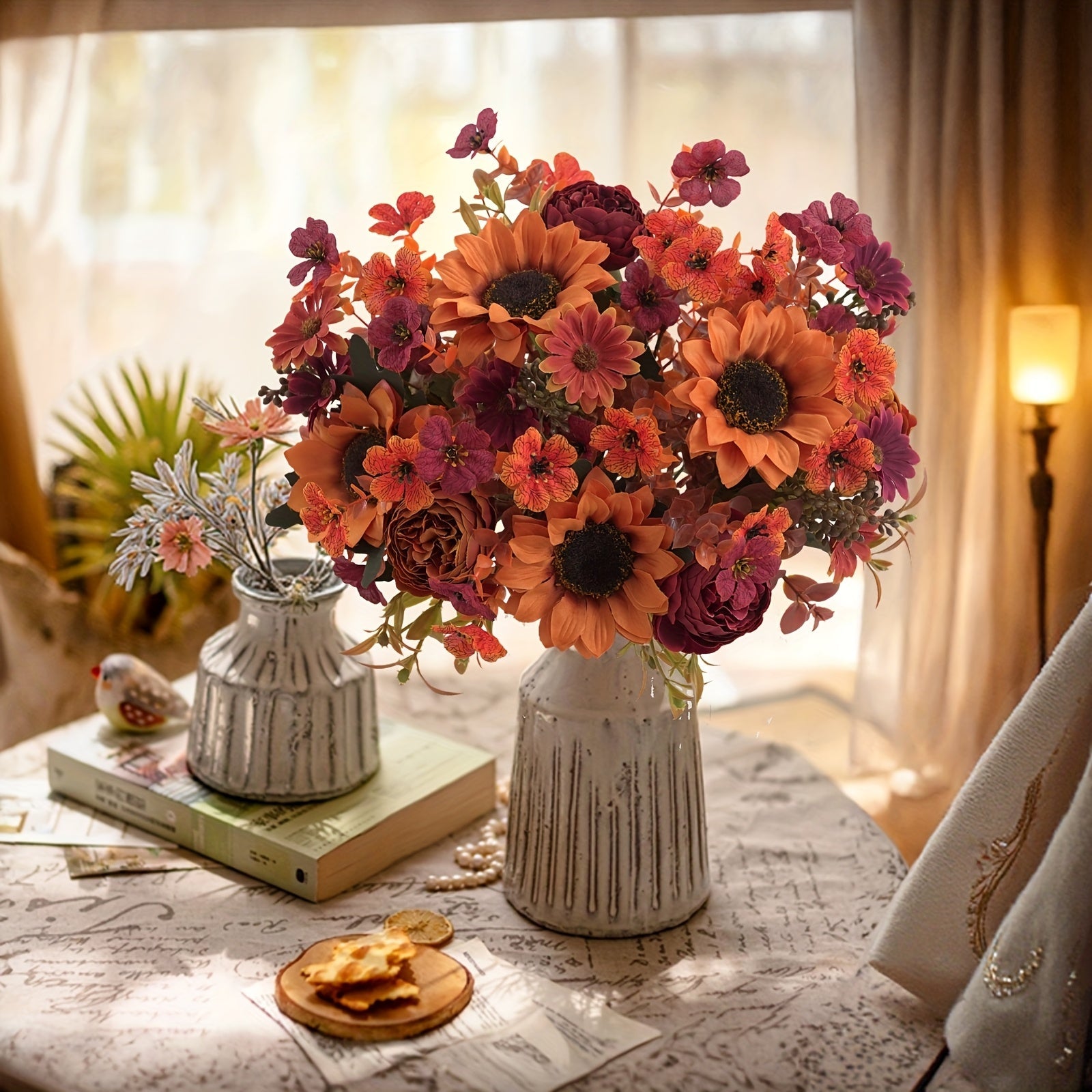 4-delad konstgjord höstblombukett - solrosor, pioner och prästkragarrangemang