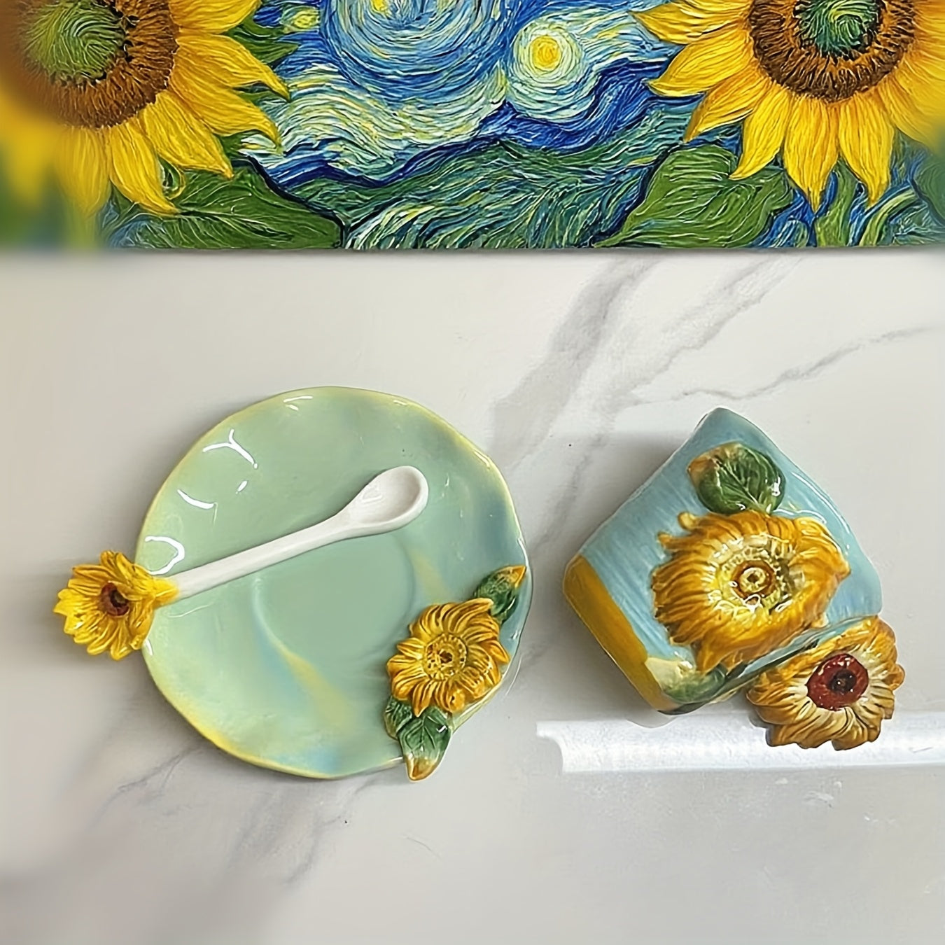 Künstlerische Teetasse und Untertasse aus Keramik im Van-Gogh-Stil