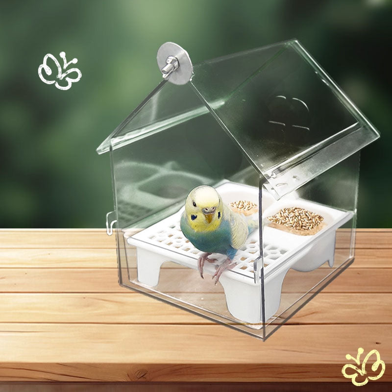Transparent fågelmatare med tak - Utomhusbad och vattenstation för bur