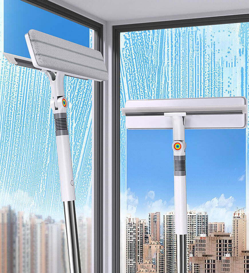 2-i-1 dubbelsidig fönsterputsare - Rändfri glasskrab med återanvändbara mikrofiberdynor