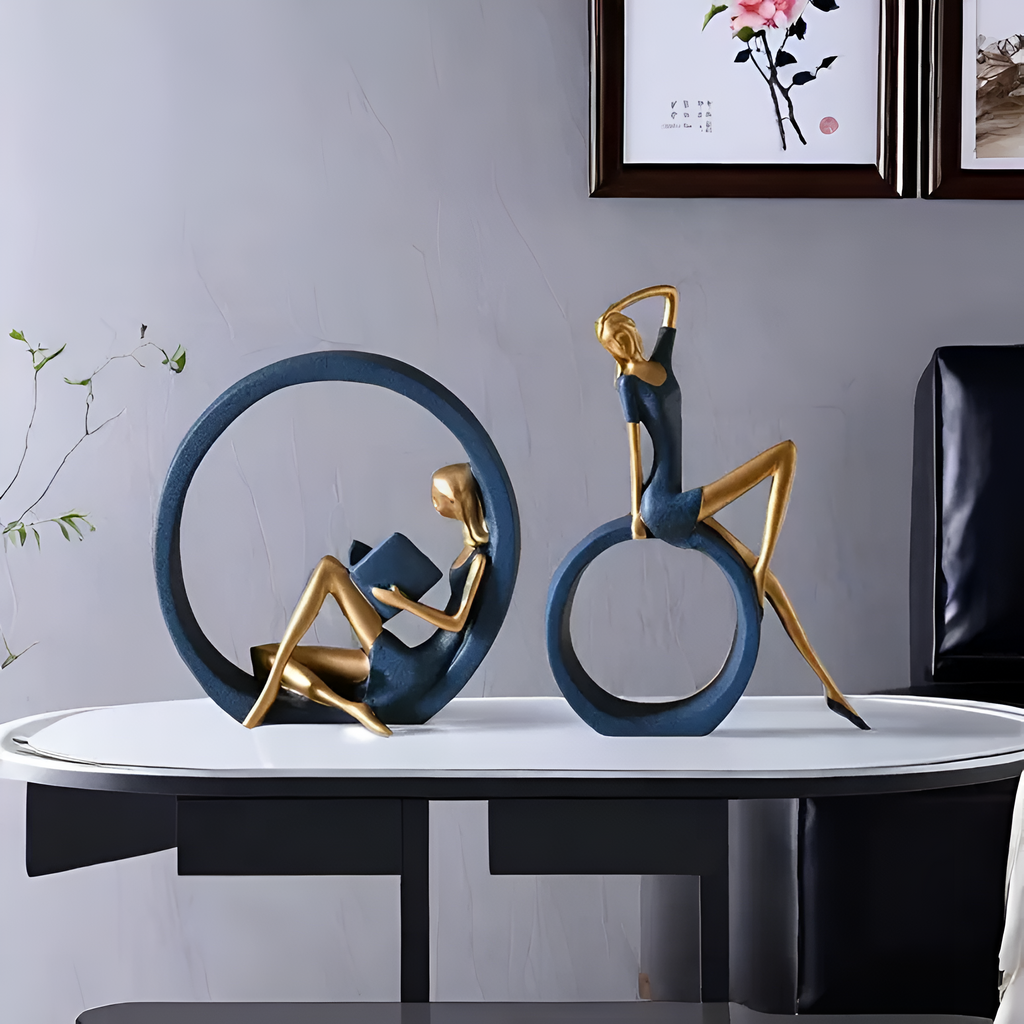 Graceful Reading Lady Sculptures - Elegant resin figuruppsättning