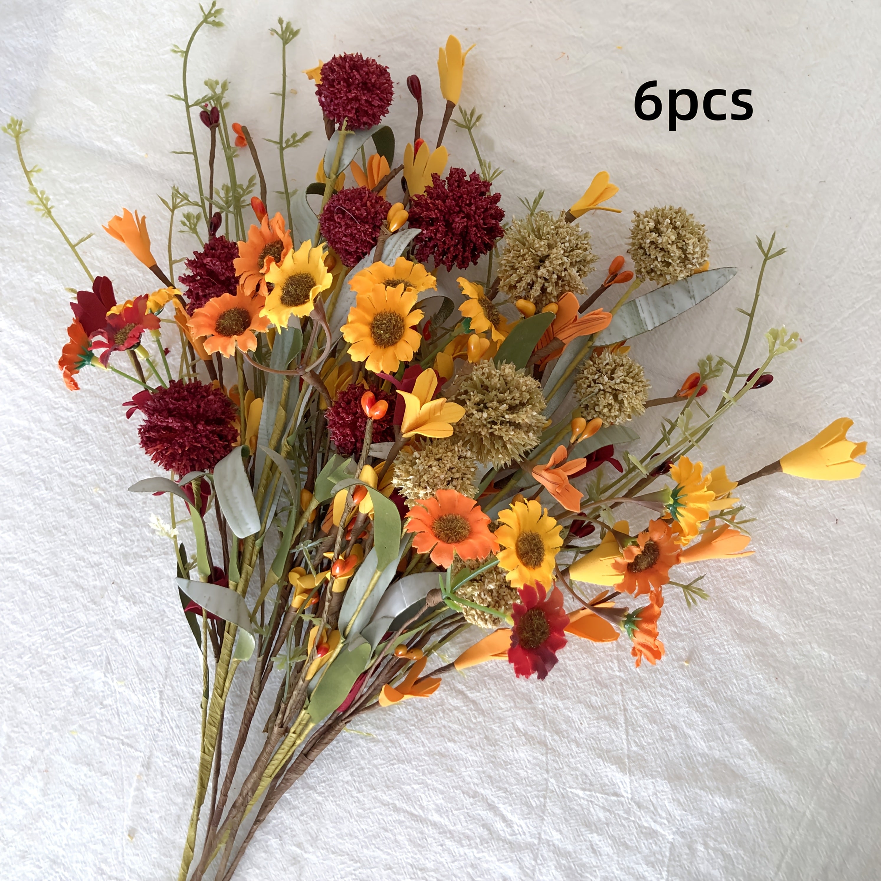 6-pack konstgjorda höstblommor - vita och röda maskrosor, hortensia och prästkragebukett med stjälkar