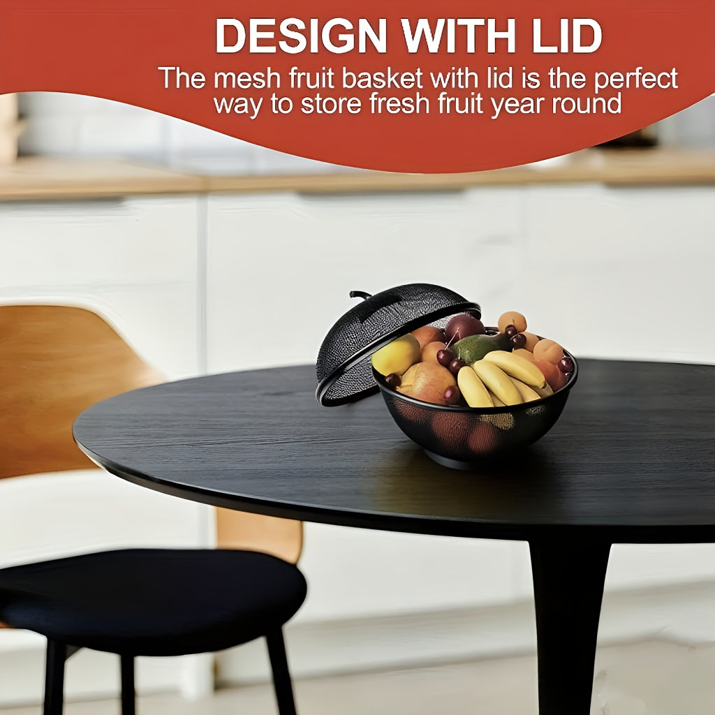 Förvaringskorg i metall för frukt och grönsaker – Andningsbar köksorganisatör med lock