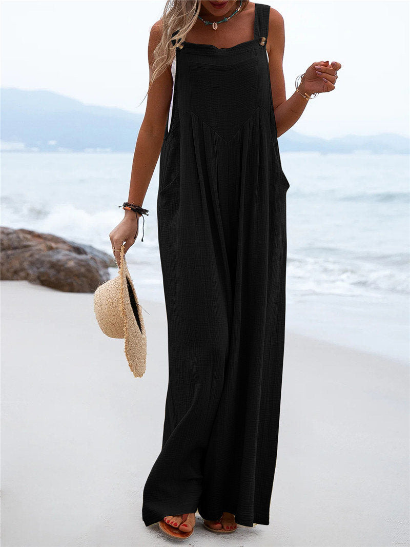 Avslappnad linnejumpsuit för kvinnor – Andningsbar ärmlös jumpsuit med avslappnad lös passform