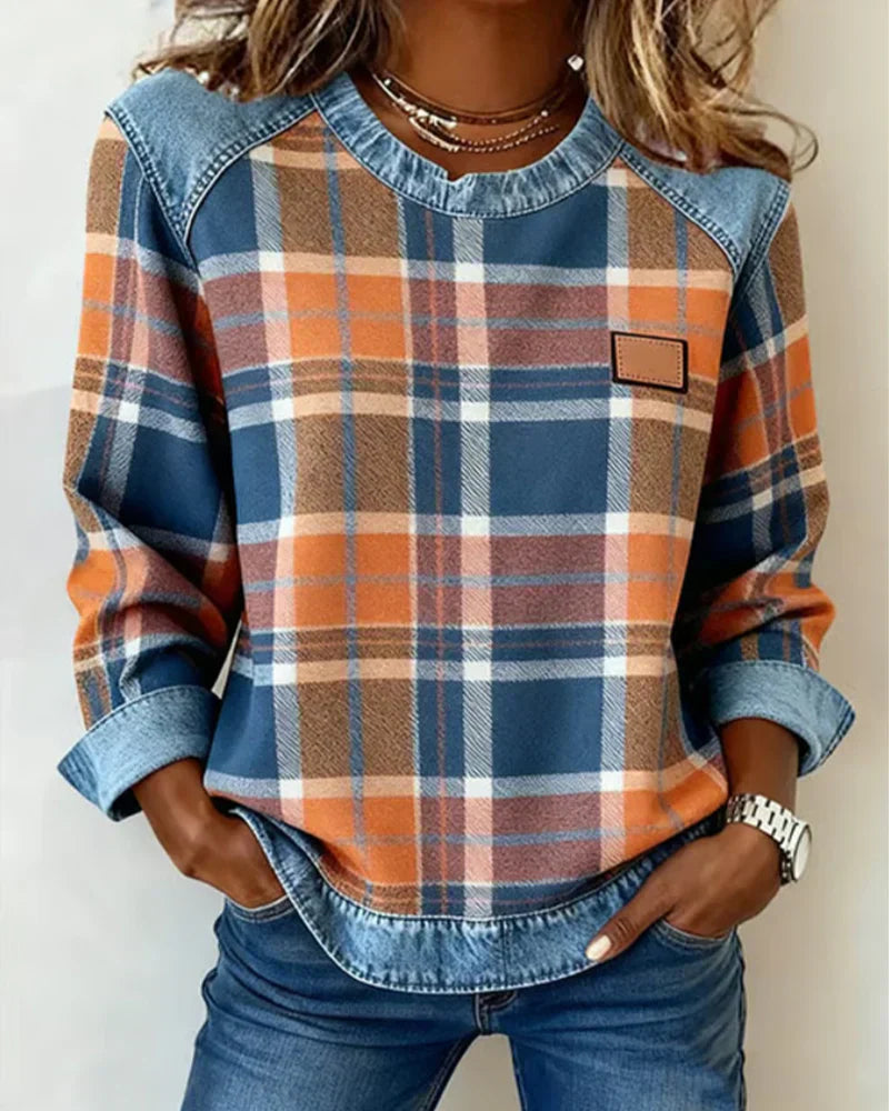 Rutig stickad tröja för kvinnor – Långärmad, avslappnad pullover med denimmönster