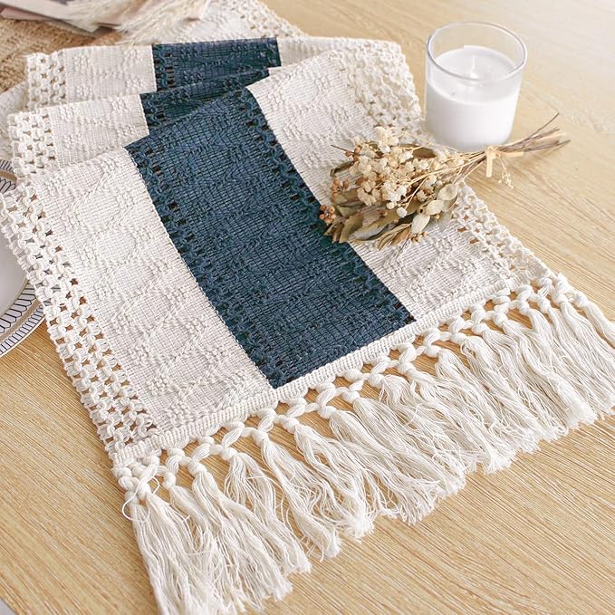 Boho Macrame-bordlöpare – Rustik säckvävsberlock med tofsar