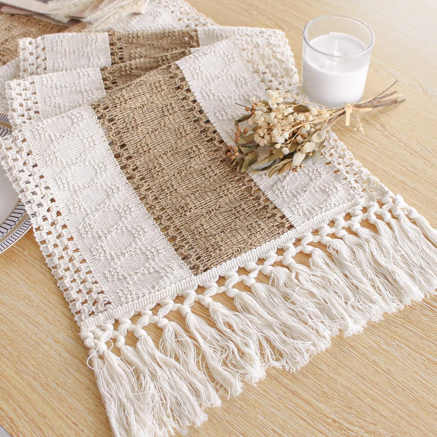 Boho Macrame-bordlöpare – Rustik säckvävsberlock med tofsar