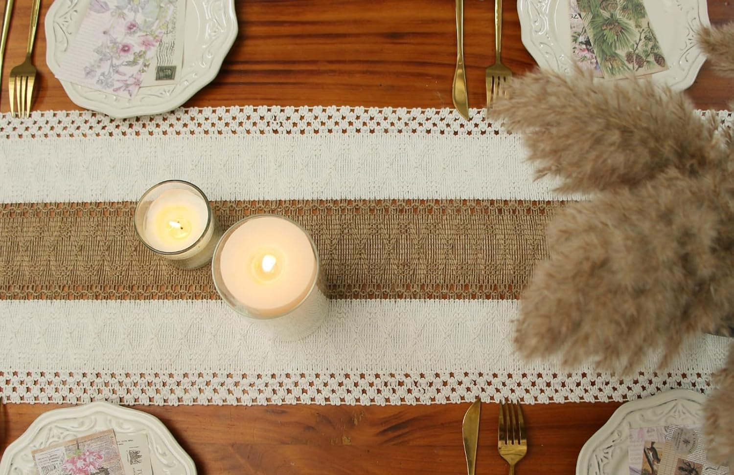 Boho Macrame-bordlöpare – Rustik säckvävsberlock med tofsar