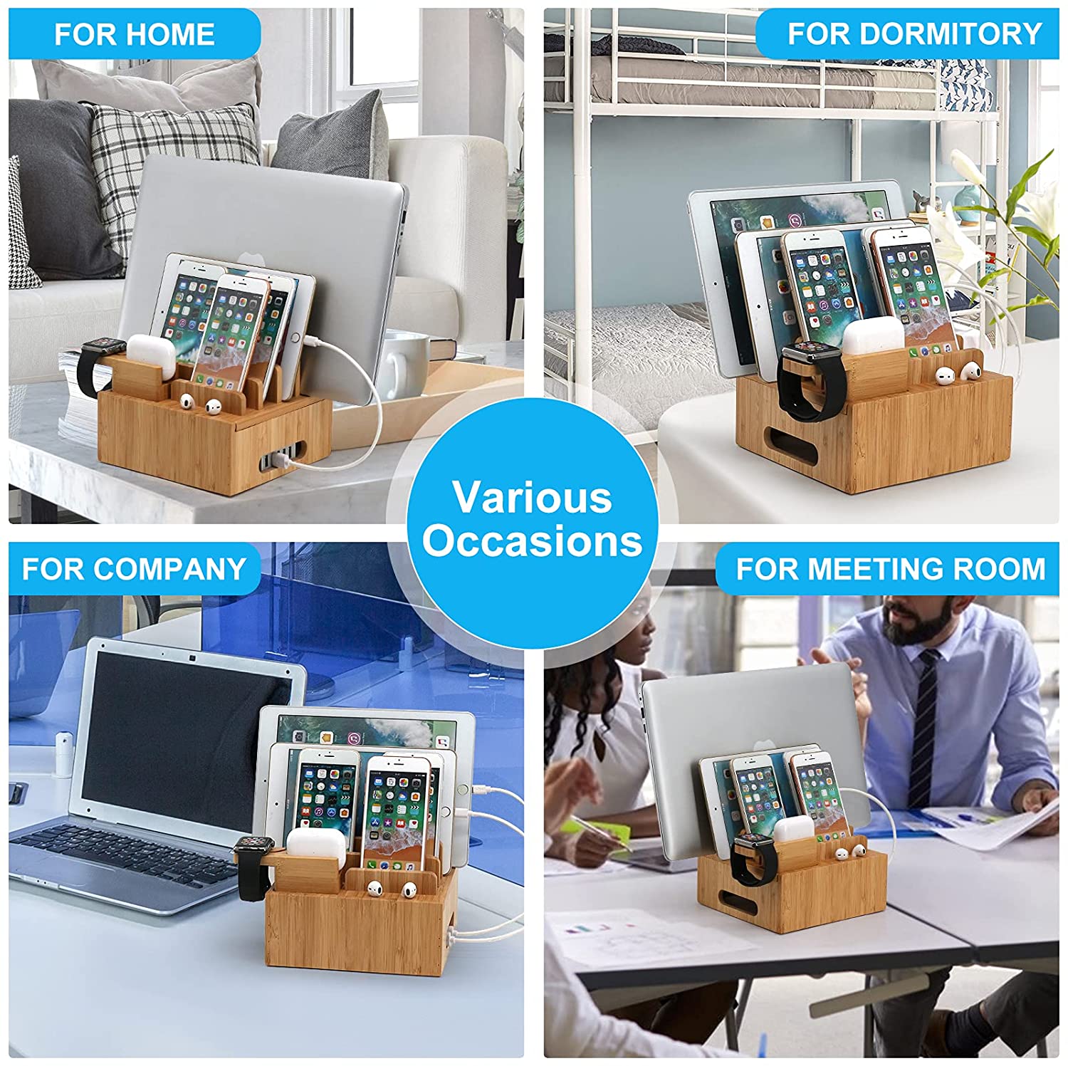 Bamboo 5-portars laddningsstation – USB-organiseringsdocka för smartphones, surfplattor och smartklockor med kabelset