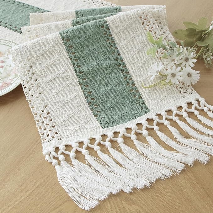 Boho Macrame-bordlöpare – Rustik säckvävsberlock med tofsar