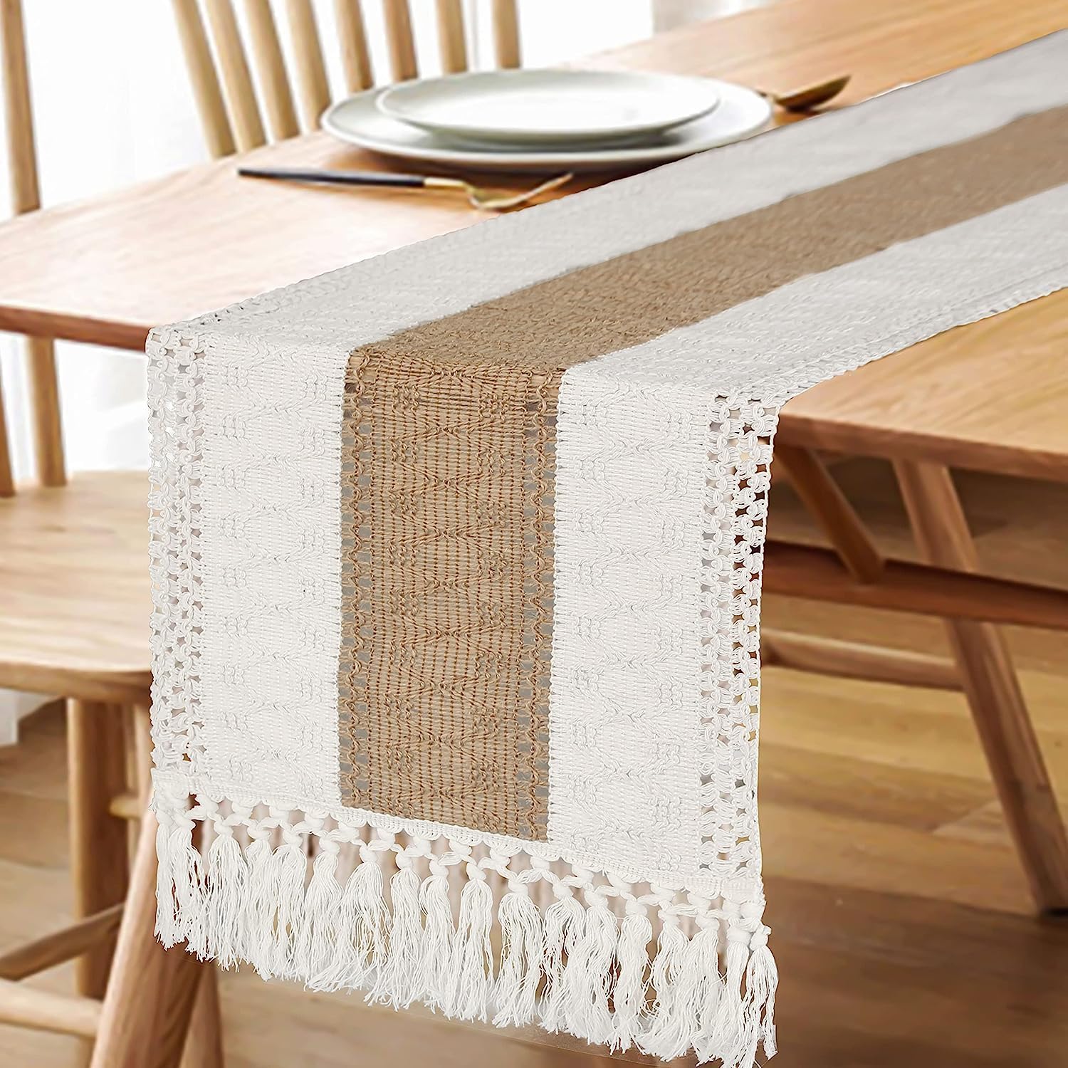 Boho Macrame-bordlöpare – Rustik säckvävsberlock med tofsar