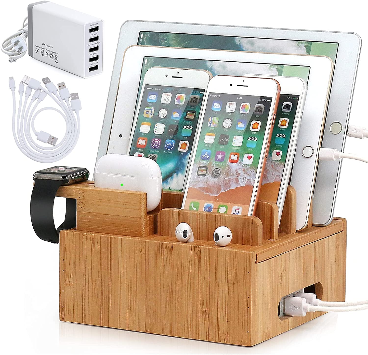 Bamboo 5-portars laddningsstation – USB-organiseringsdocka för smartphones, surfplattor och smartklockor med kabelset