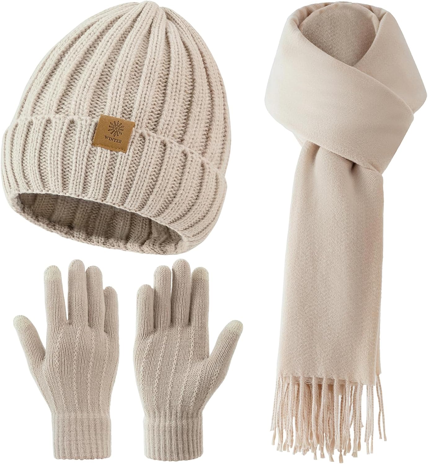3-delat vinterset för kvinnor och män - Stickad mössa, lång halsduk och vantar