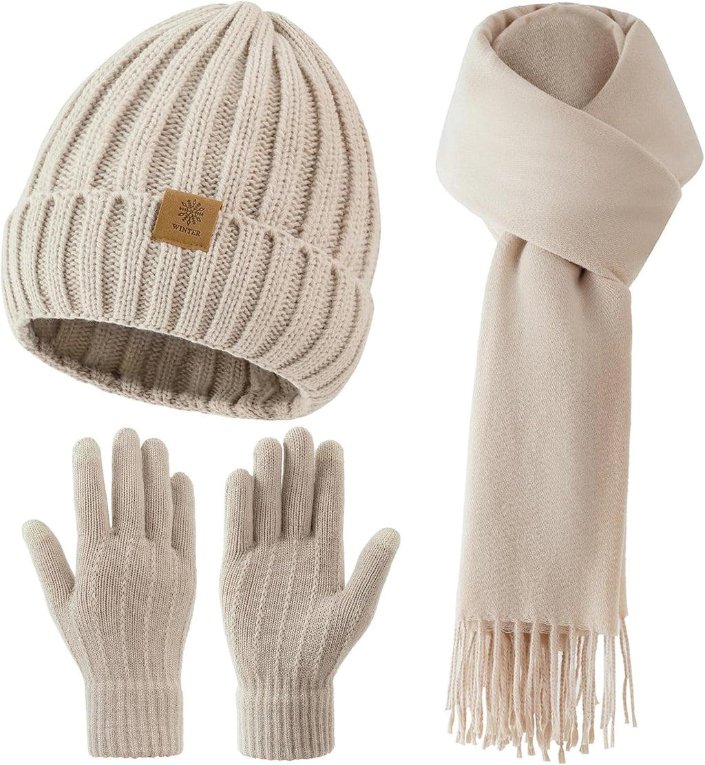 3-delat vinterset för kvinnor och män - Stickad mössa, lång halsduk och vantar
