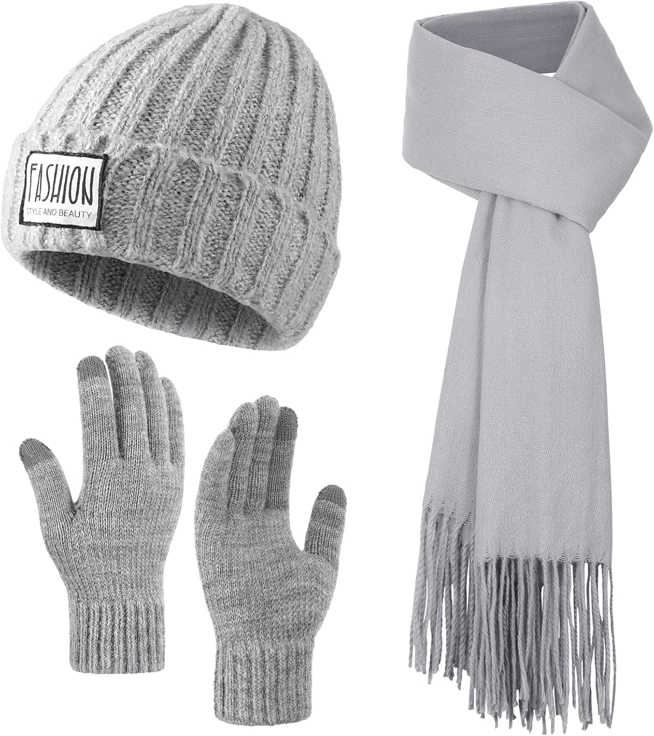 3-delat vinterset för kvinnor och män - Stickad mössa, lång halsduk och vantar
