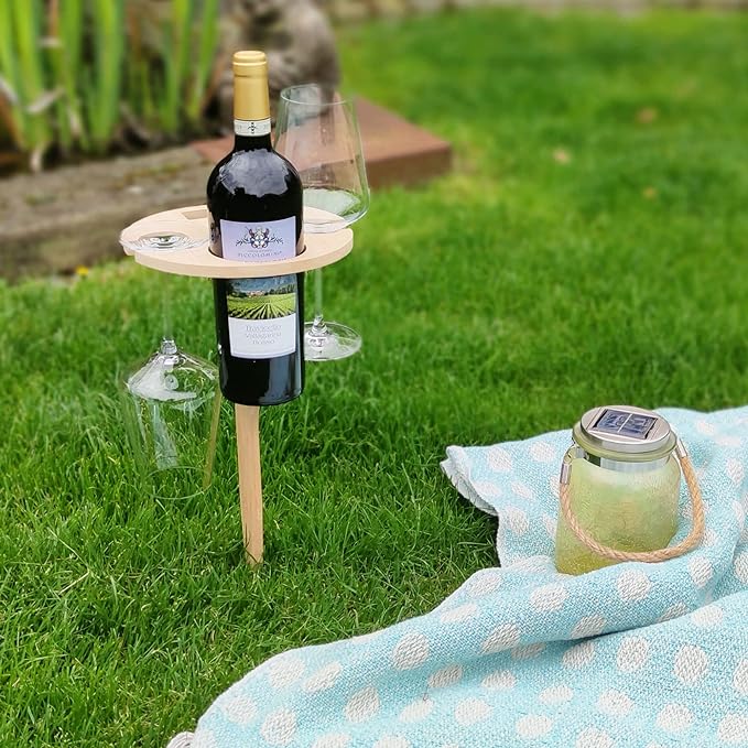 VinoTray – 4-i-1 Bärbart Picknickbord i Trä för Vin | Hopfällbar Glas- och Flaskhållare