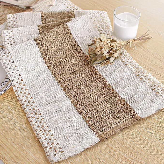Boho Macrame-bordlöpare – Rustik säckvävsberlock med tofsar