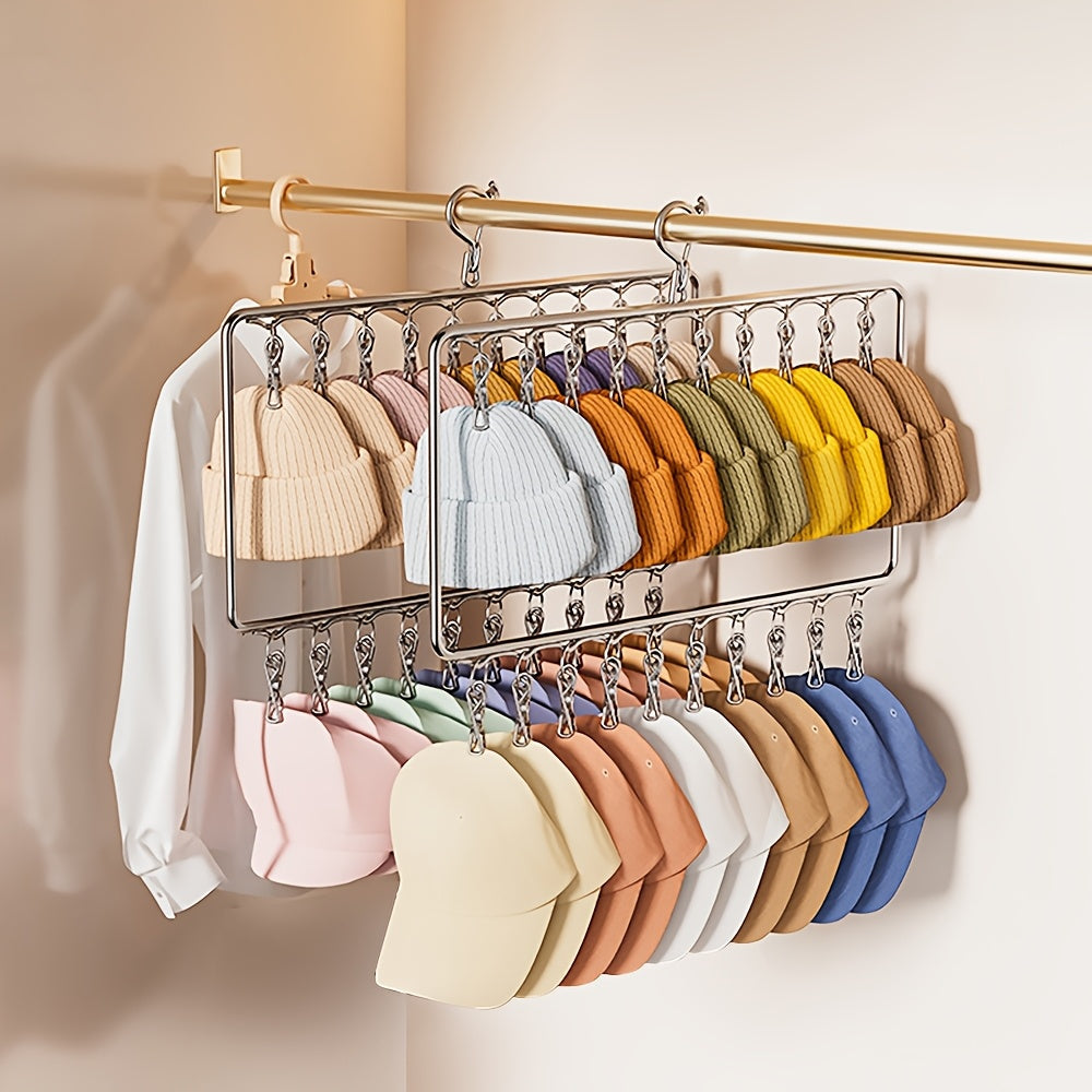 2-vånings hattorganisatör i garderoben – slitstark galge i stål med 20 klämmor för hattar och halsdukar