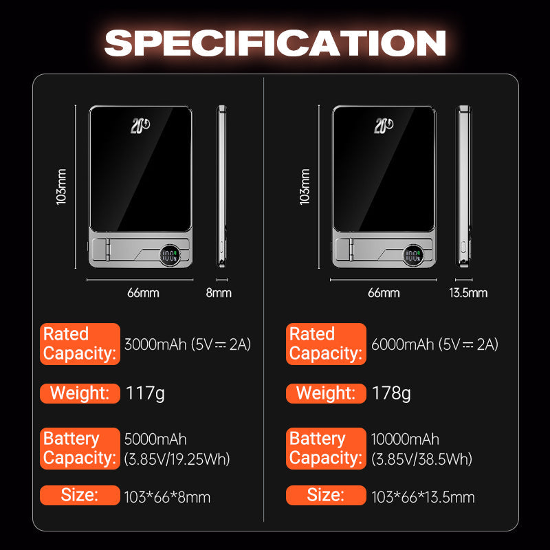 Ultratunn magnetisk powerbank med justerbart utfällbart stativ – snabbladdande bärbar laddare