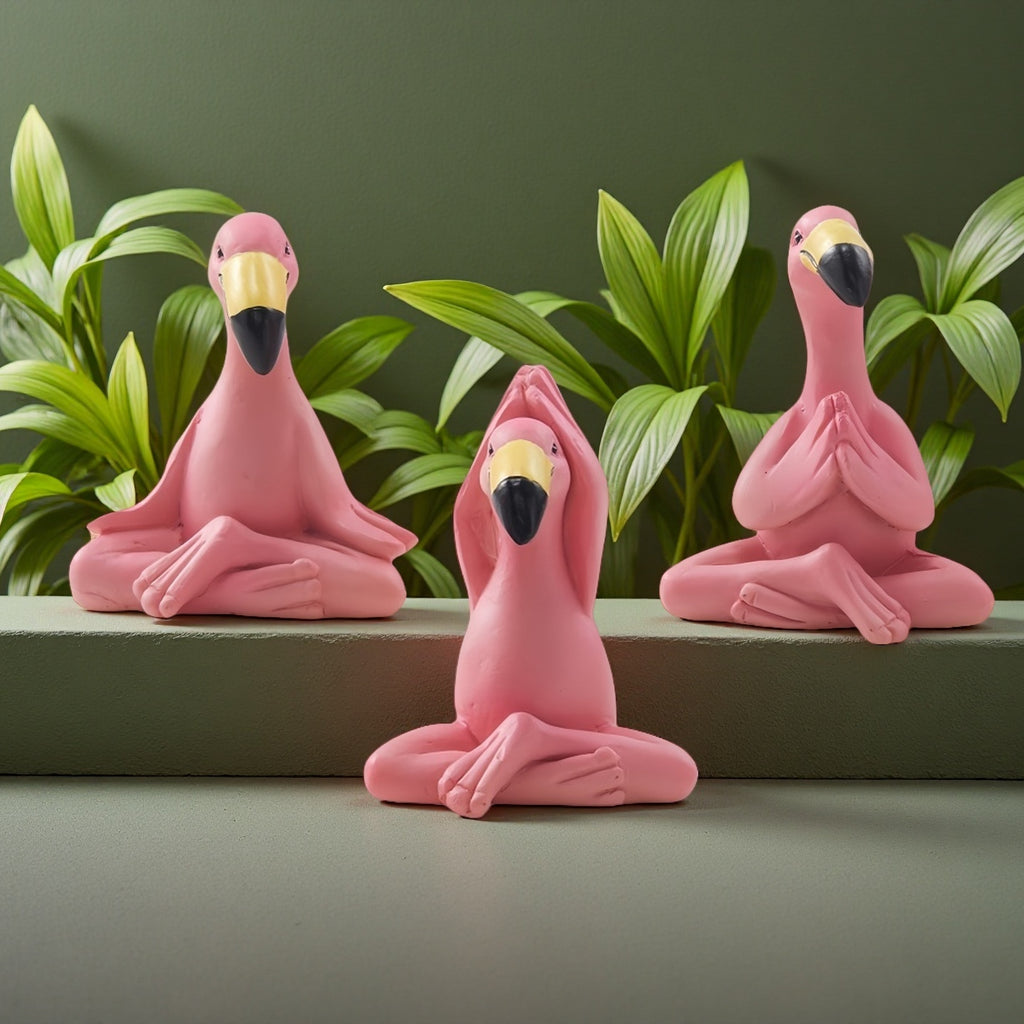 Set med 3 mini-yogaflamingofiletter – söta rosa skrivbords- och trädgårdsskulpturer för zenheminredning och omtänksamma presenter