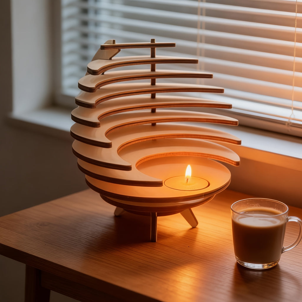 Handgjord ljusstake i trä med halvmåne – Rustik halvcirkeldekor